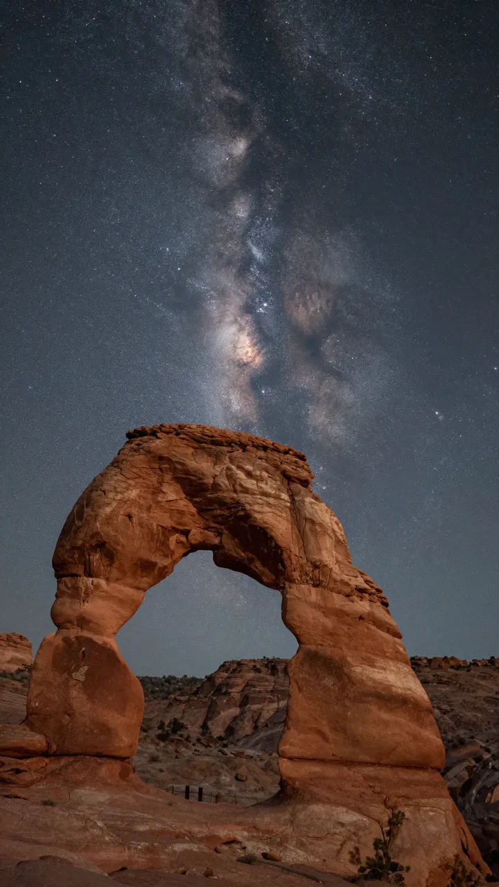 A natural sandstone arch stands beneath a vivid starry Milky Way night sky in a desert landscape