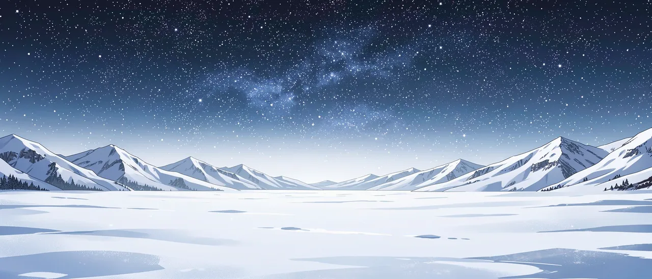 Anime-style illustration of a snowy plain beneath a vast starry night sky with distant snow-capped mountains