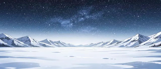 Anime-style illustration of a snowy plain beneath a vast starry night sky with distant snow-capped mountains