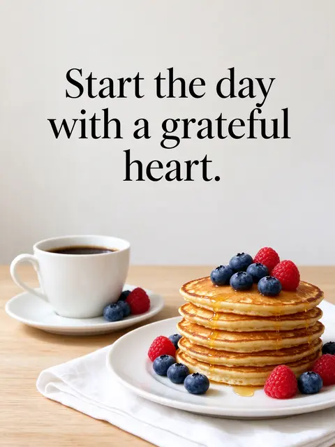 "Start the day with a grateful heart." text above a stack of pancakes with berries and coffee on a light wooden table