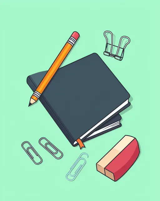 Flat vector illustration of school and office stationery arranged on a solid mint green background