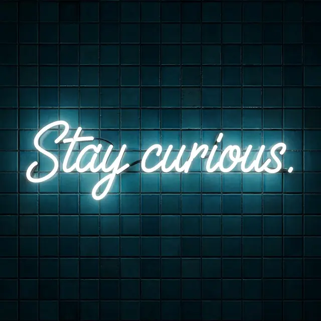 Glowing white neon sign reading "Stay curious." mounted on a dark teal tiled wall