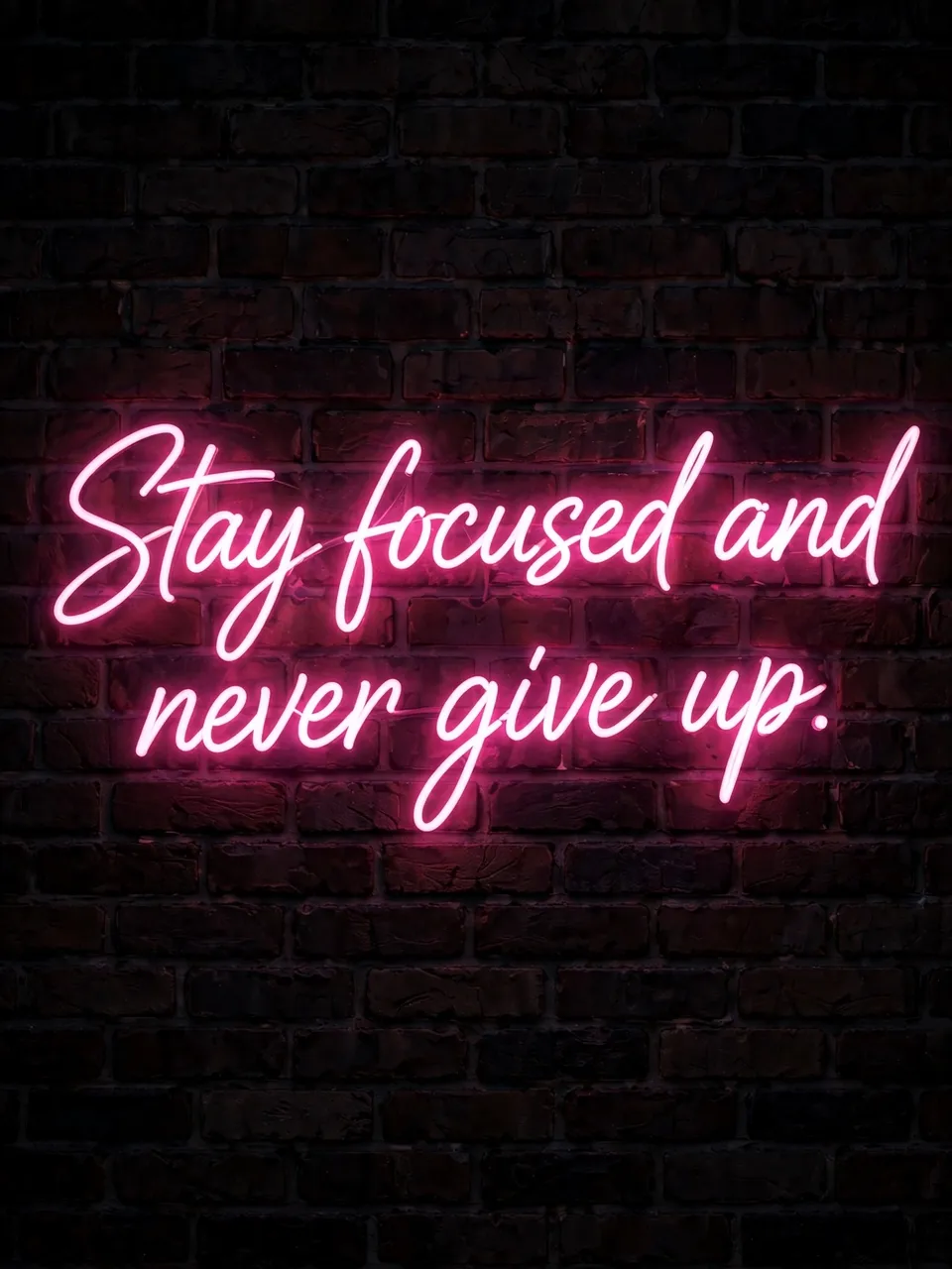 Glowing pink neon sign reading "Stay focused and never give up." mounted on a dark nighttime brick wall
