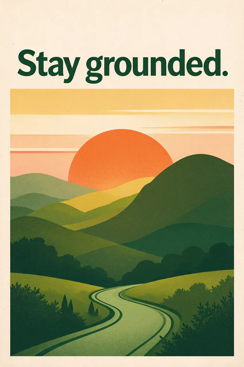 Vintage travel poster illustration with bold 'Stay grounded.' text above a sunrise over rolling green hills