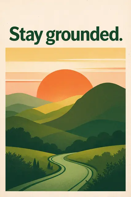 Vintage travel poster illustration with bold 'Stay grounded.' text above a sunrise over rolling green hills