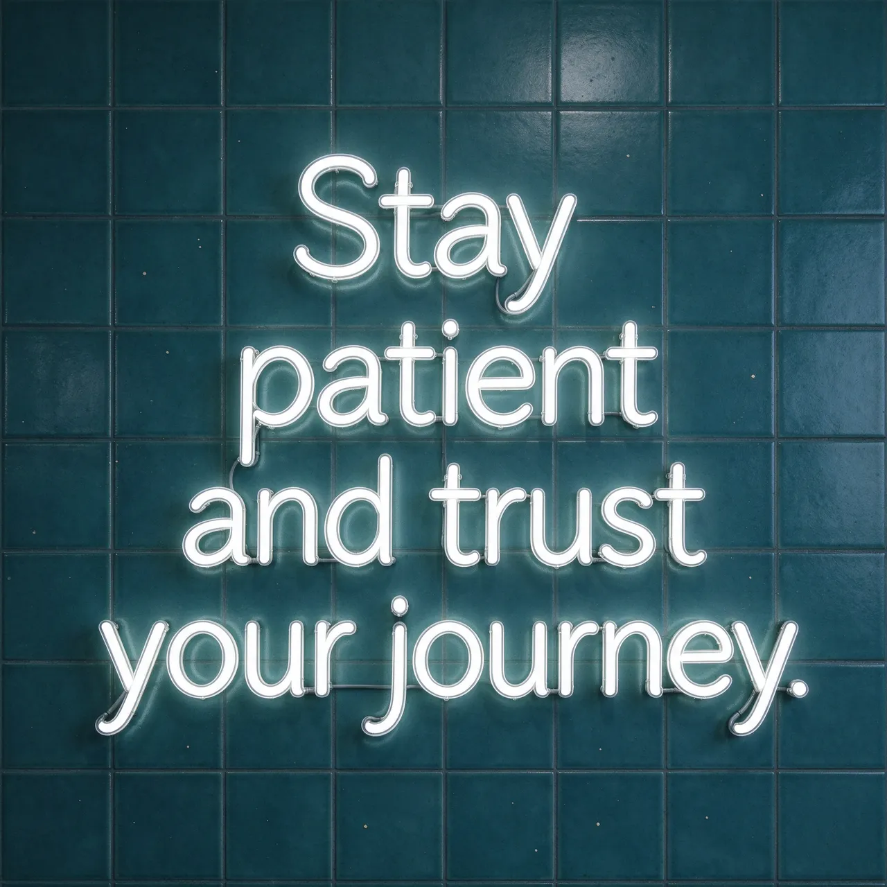 Glowing white neon sign reading "Stay patient and trust your journey." mounted on a dark teal tiled wall.