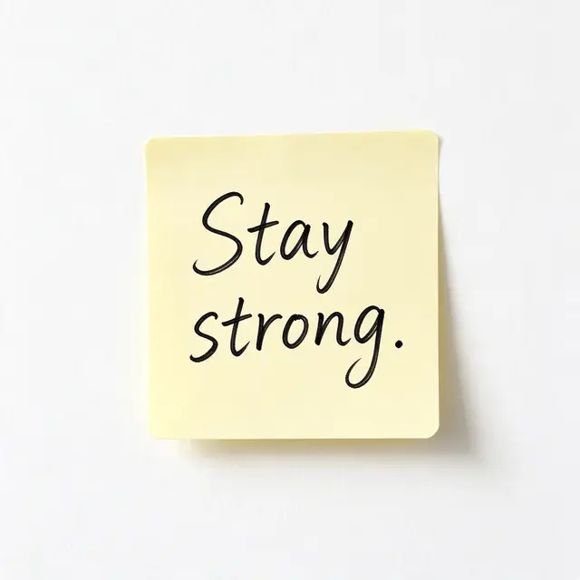 Handwritten "Stay strong." in black ink on a pale yellow sticky note against a plain white wall