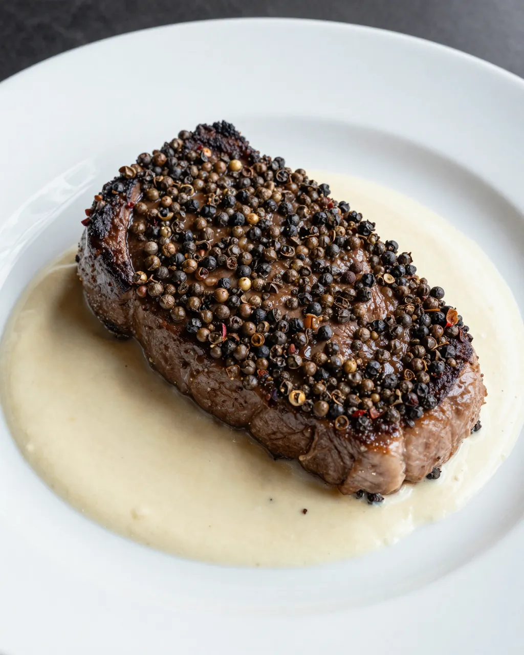 Pan seared steak with heavy cracked peppercorn crust resting in creamy pepper sauce on a white dinner plate