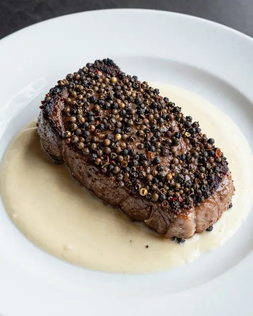 Pan seared steak with heavy cracked peppercorn crust resting in creamy pepper sauce on a white dinner plate