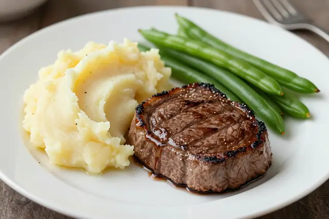 A plated meal of seared filet mignon, mashed potatoes, and green beans rests on a wooden table