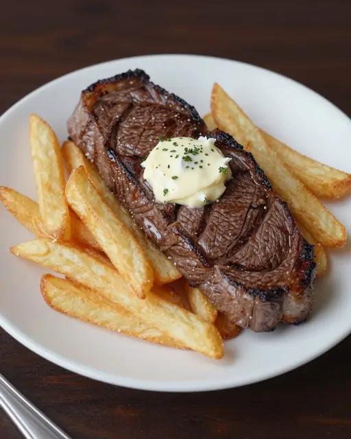 A plated serving of seared steak, thick fries, and herb-topped butter sits on a dark wooden table.