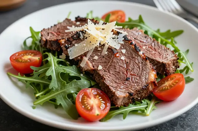 A plated steak salad with sliced sirloin, arugula, halved cherry tomatoes, and shaved parmesan cheese