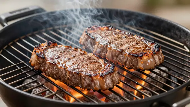 Two searing steaks sit over glowing coals on a charcoal grill, wispy smoke rising around them.
