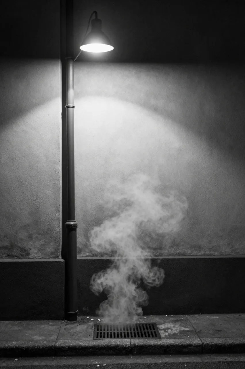 Black and white view of steam rising from a sidewalk grate beneath a glowing street lamp on a quiet night corner