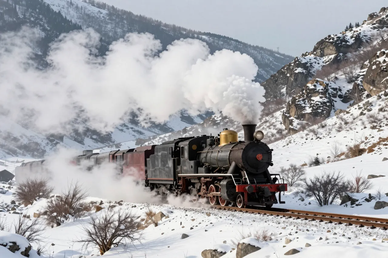 A puffing steam locomotive travels along tracks through a snow covered mountain valley