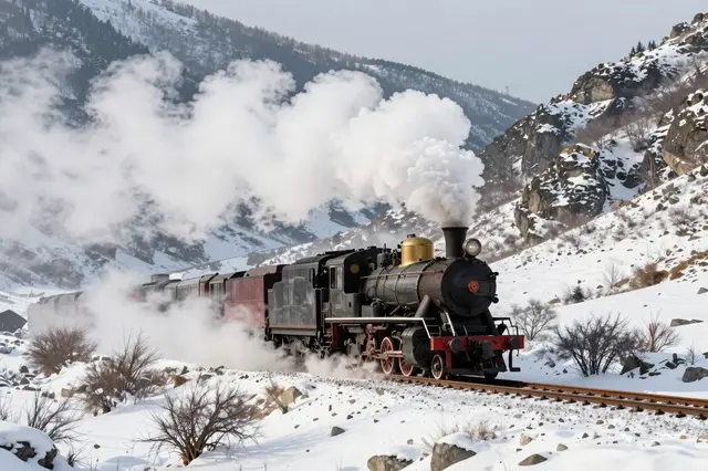 A puffing steam locomotive travels along tracks through a snow covered mountain valley