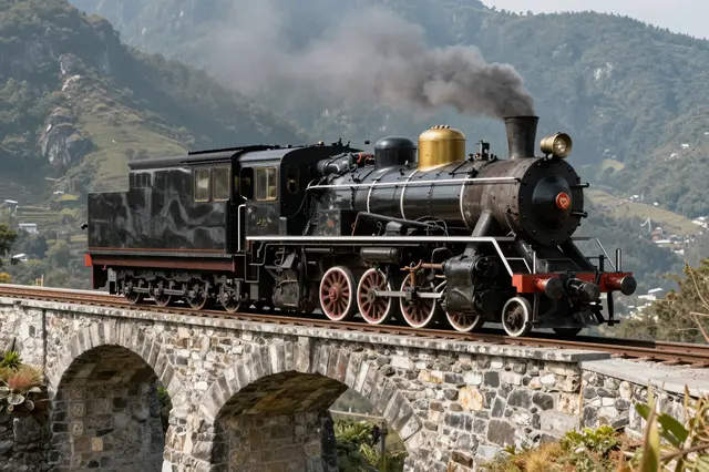 A vintage black steam locomotive emits smoke while traveling across a stone arch bridge in a forested mountain valley.