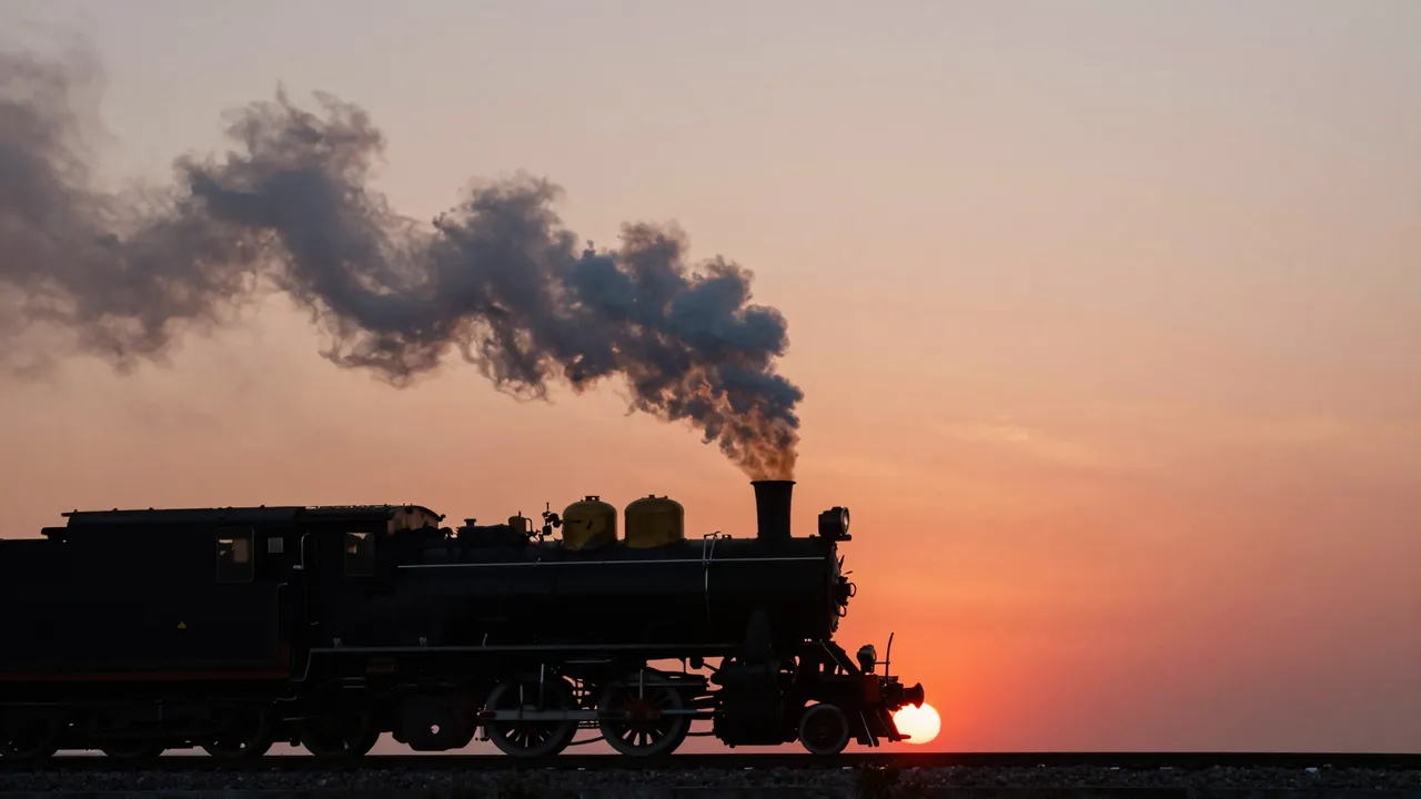 A steam train silhouette trailing wispy smoke passes in front of a glowing red sunset on the horizon