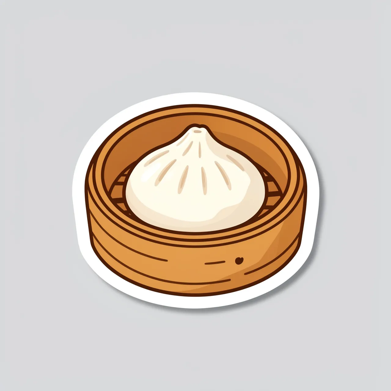 A die-cut sticker illustration of a steamed dumpling in a bamboo steamer basket on a light gray background.