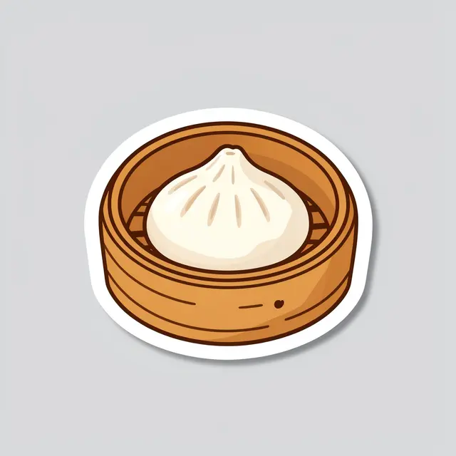 A die-cut sticker illustration of a steamed dumpling in a bamboo steamer basket on a light gray background.