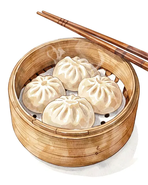 Watercolor illustration of hot steamed dumplings in a bamboo basket with wooden chopsticks resting on the rim