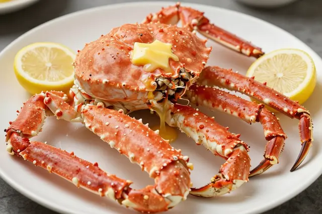 Whole steamed king crab on a white plate topped with melting butter, flanked by fresh lemon halves