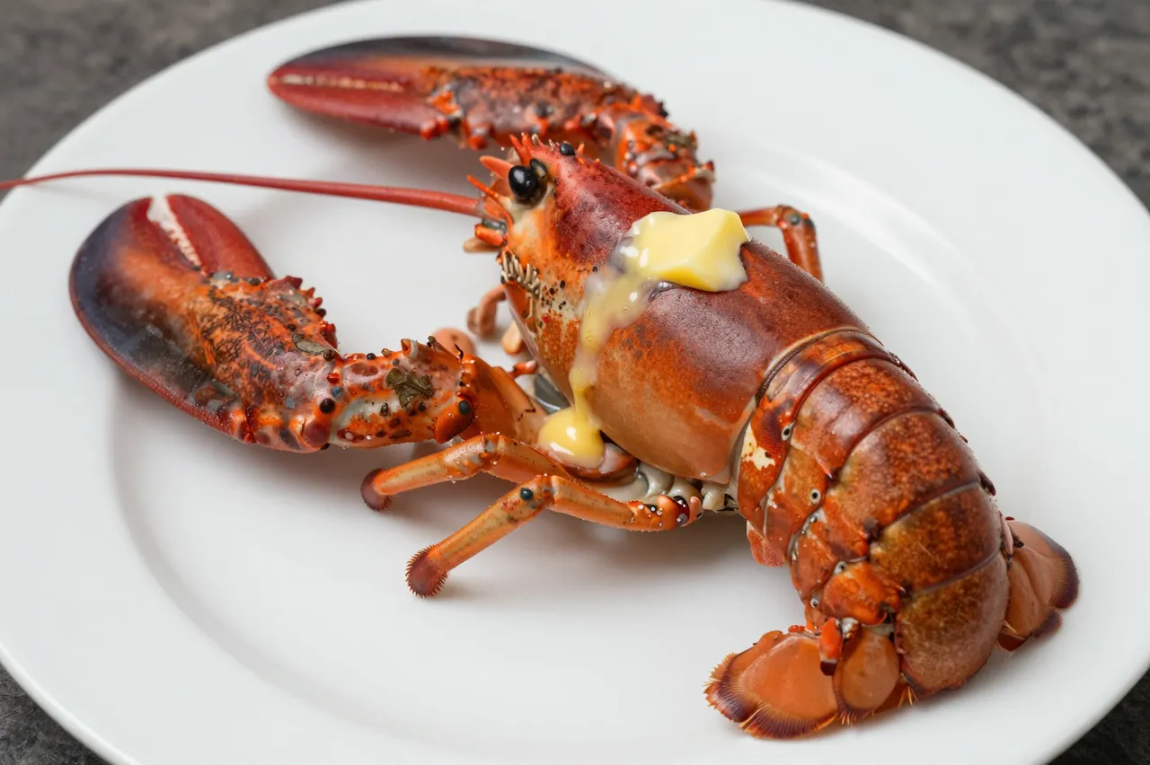 Whole cooked lobster with melting butter pieces sits on a white ceramic plate over a dark countertop