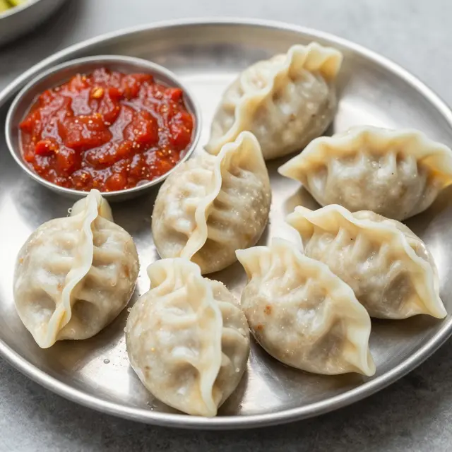 Steamed momo dumplings arranged on a stainless steel plate with a small bowl of spicy tomato chutney.