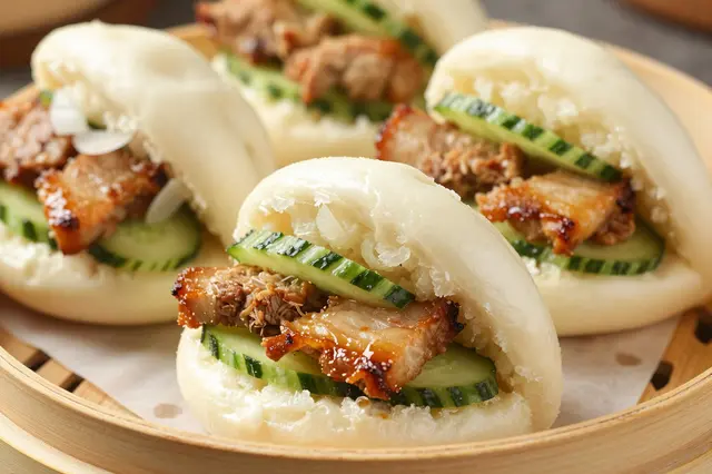 Four fluffy steamed bao buns filled with roasted pork belly and cucumber sit in a bamboo steamer