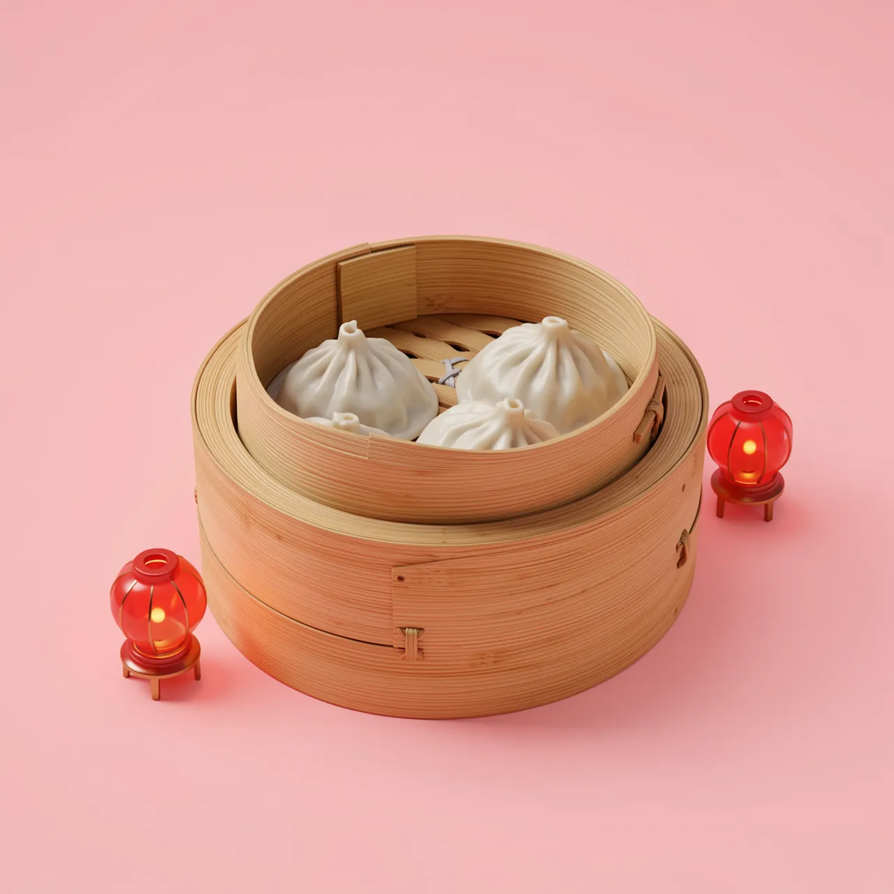 Bamboo steamer holding soup dumplings flanked by tiny red lanterns on a soft pink background