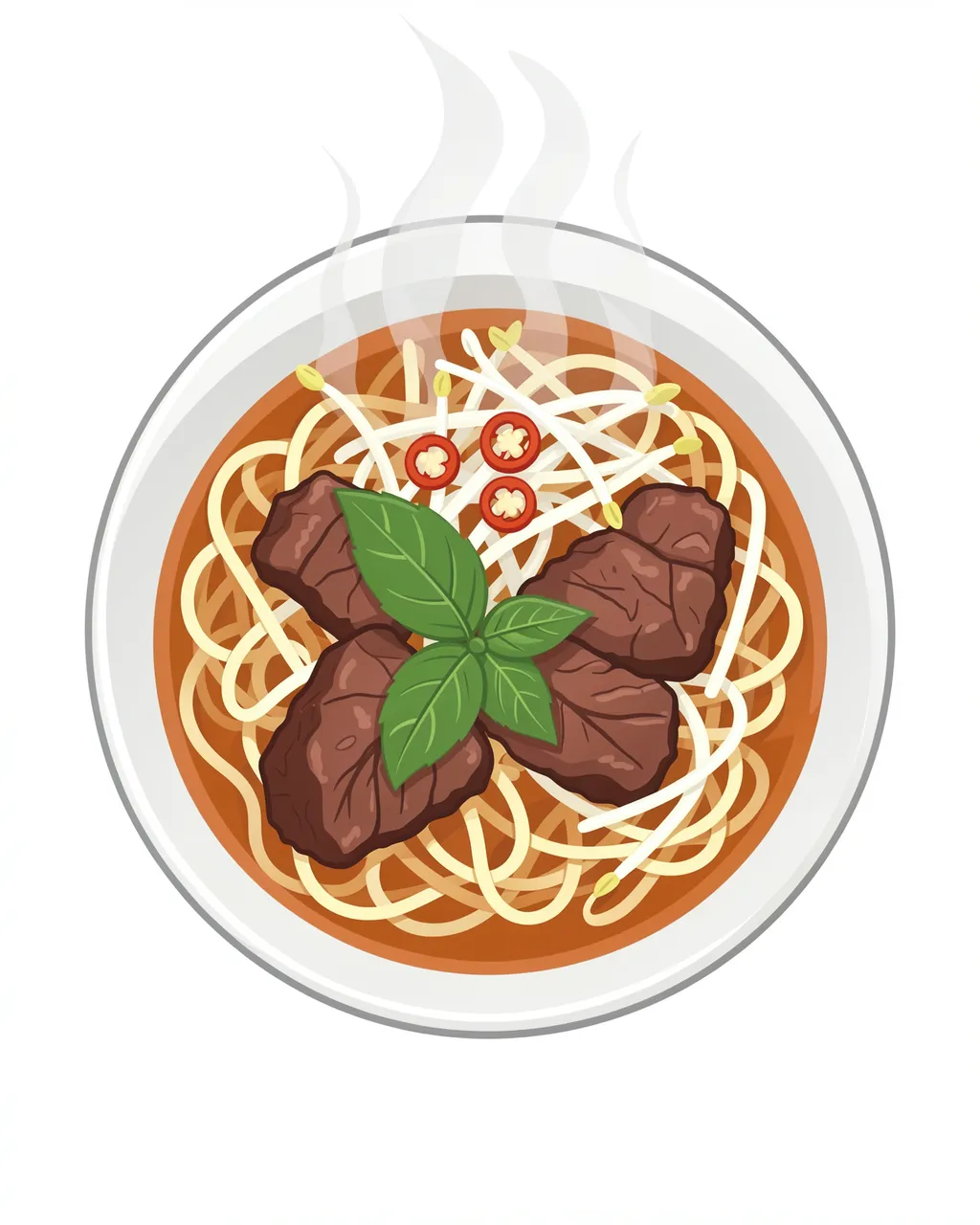 Top view flat vector illustration of a bowl of hot beef noodle soup topped with herbs, sprouts and chili slices with rising