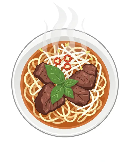Top view flat vector illustration of a bowl of hot beef noodle soup topped with herbs, sprouts and chili slices with rising
