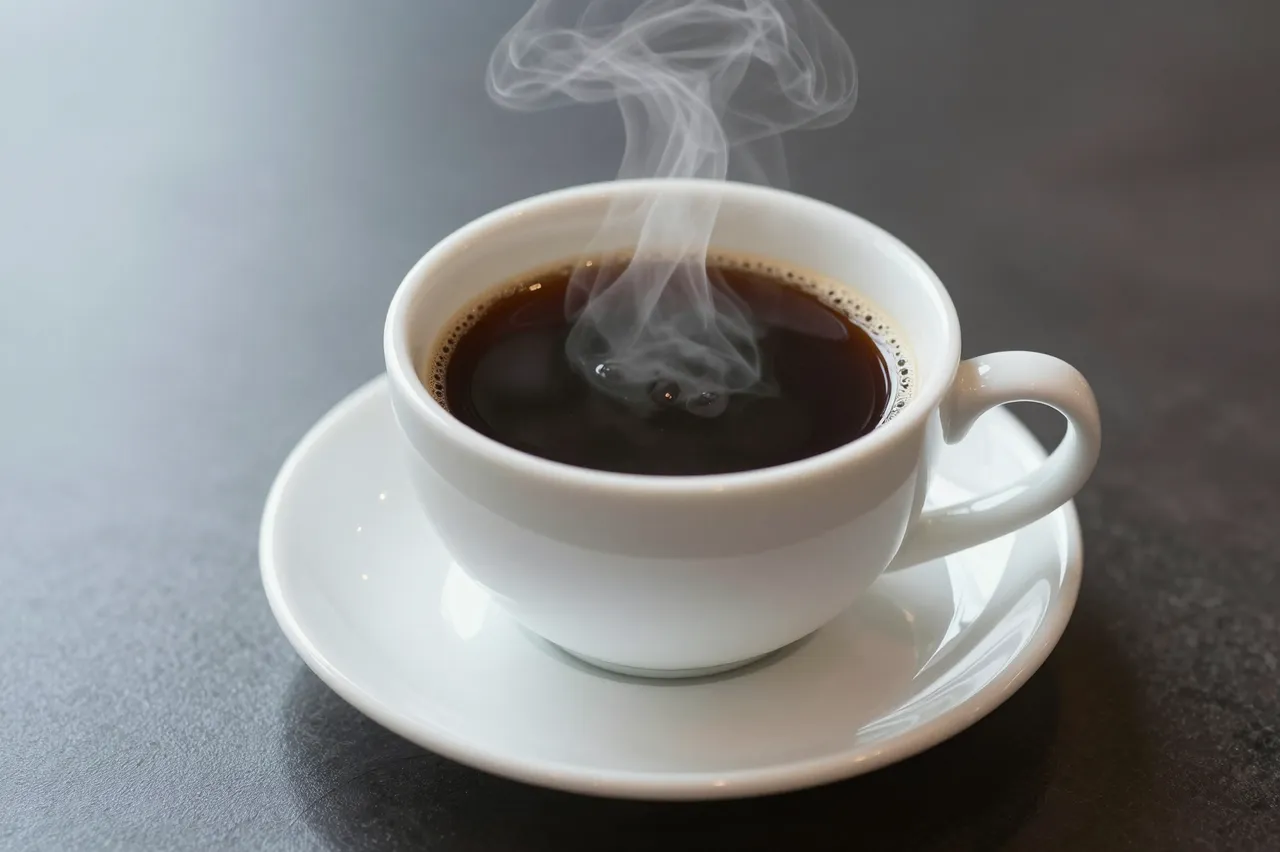 A white ceramic cup of hot black coffee with rising steam rests on a dark table surface.