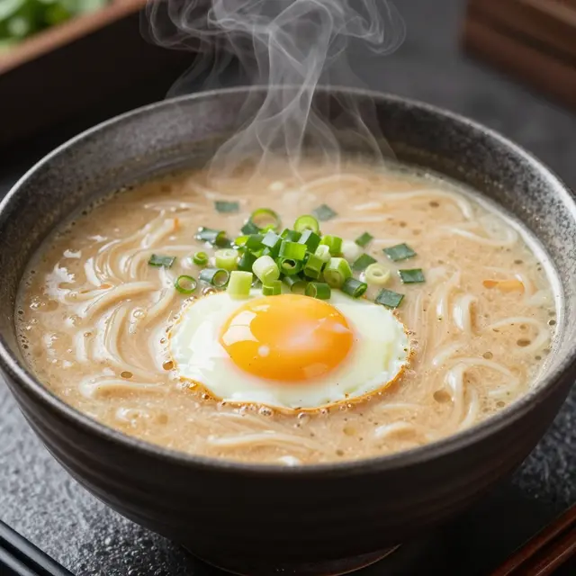 Hot ramen soup topped with a soft egg and green onions rises with wispy steam in a dark ceramic bowl