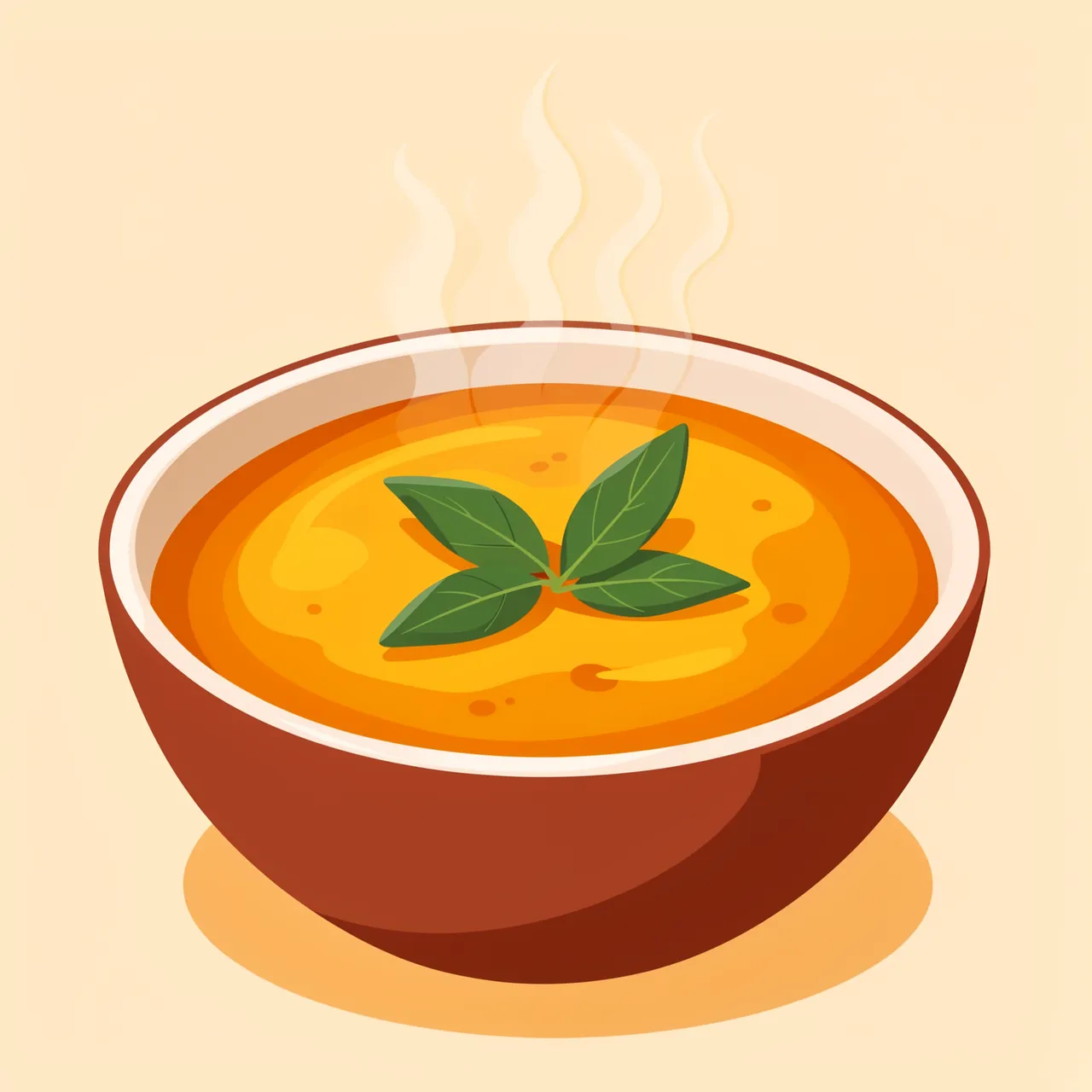 Flat vector illustration of a steaming terracotta bowl of butternut squash soup garnished with fresh sage leaves