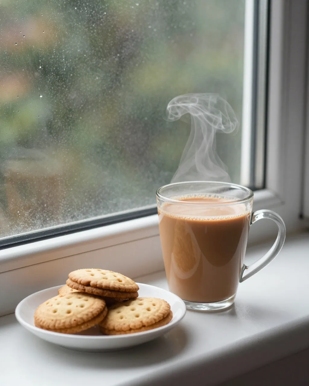 A glass mug of hot masala chai next to a plate of sandwich biscuits on a rainy indoor windowsill