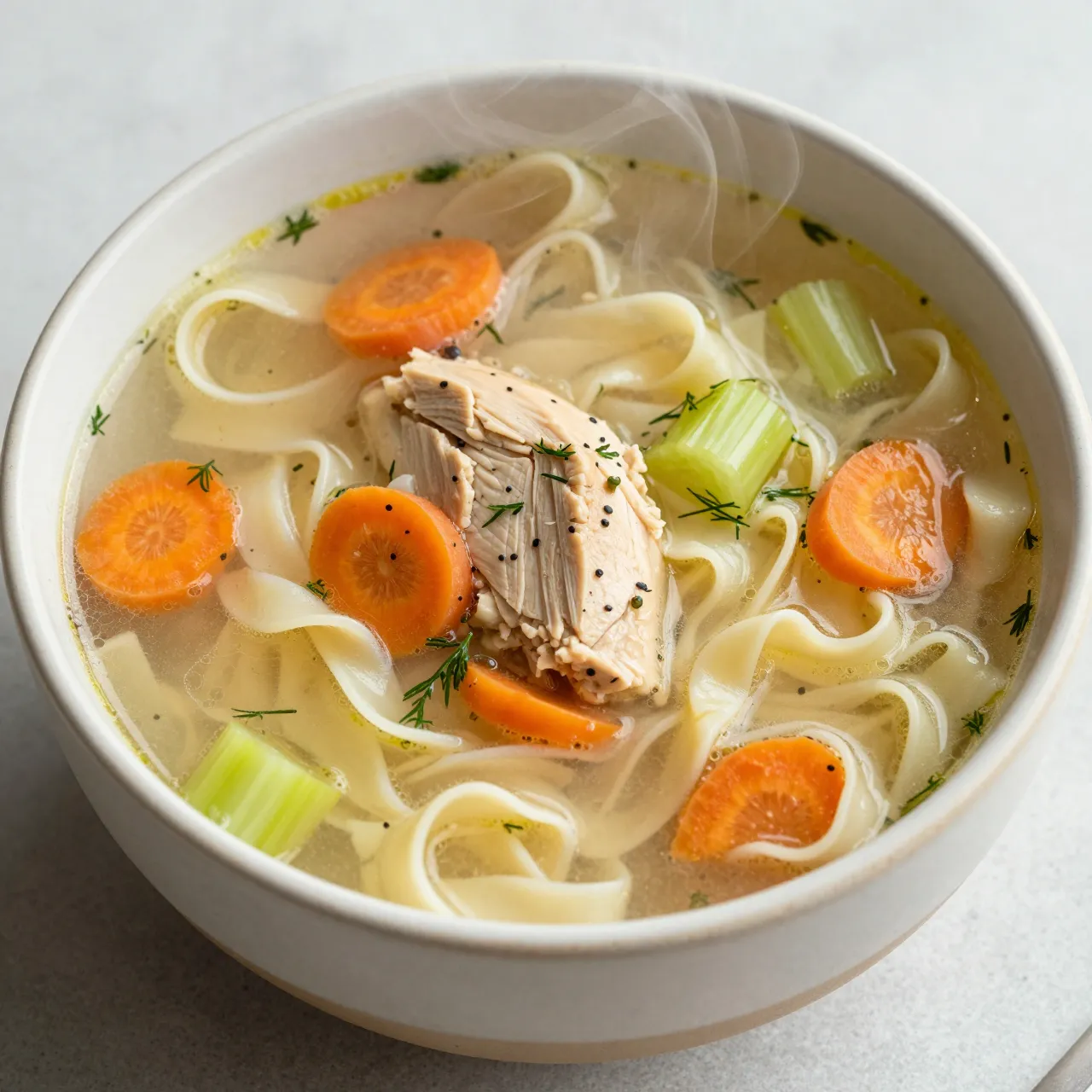 Overhead view of a speckled stoneware bowl of steaming chicken noodle soup with vegetables and dill