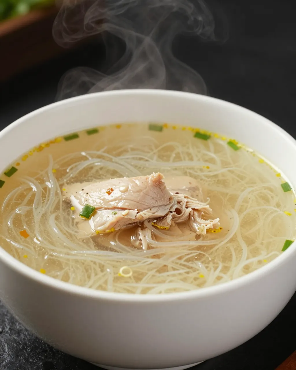A white bowl holds steaming chicken noodle soup with tender shredded chicken and chopped green onion.
