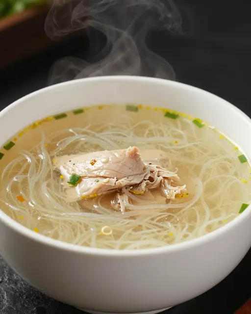 A white bowl holds steaming chicken noodle soup with tender shredded chicken and chopped green onion.