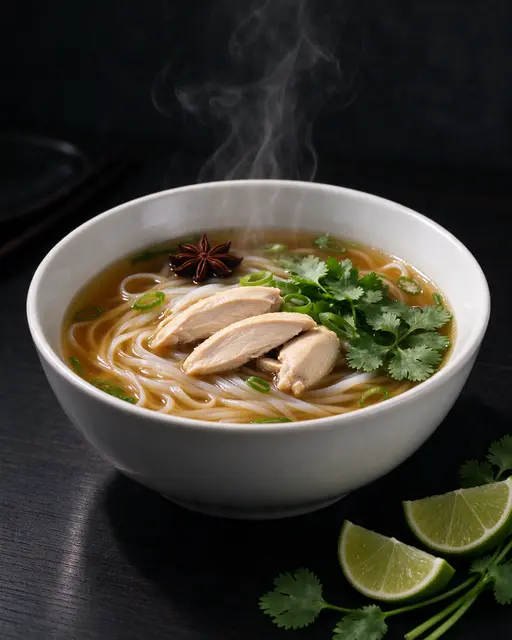 Hot steaming chicken pho in a white bowl with fresh herbs and lime wedges on a dark table