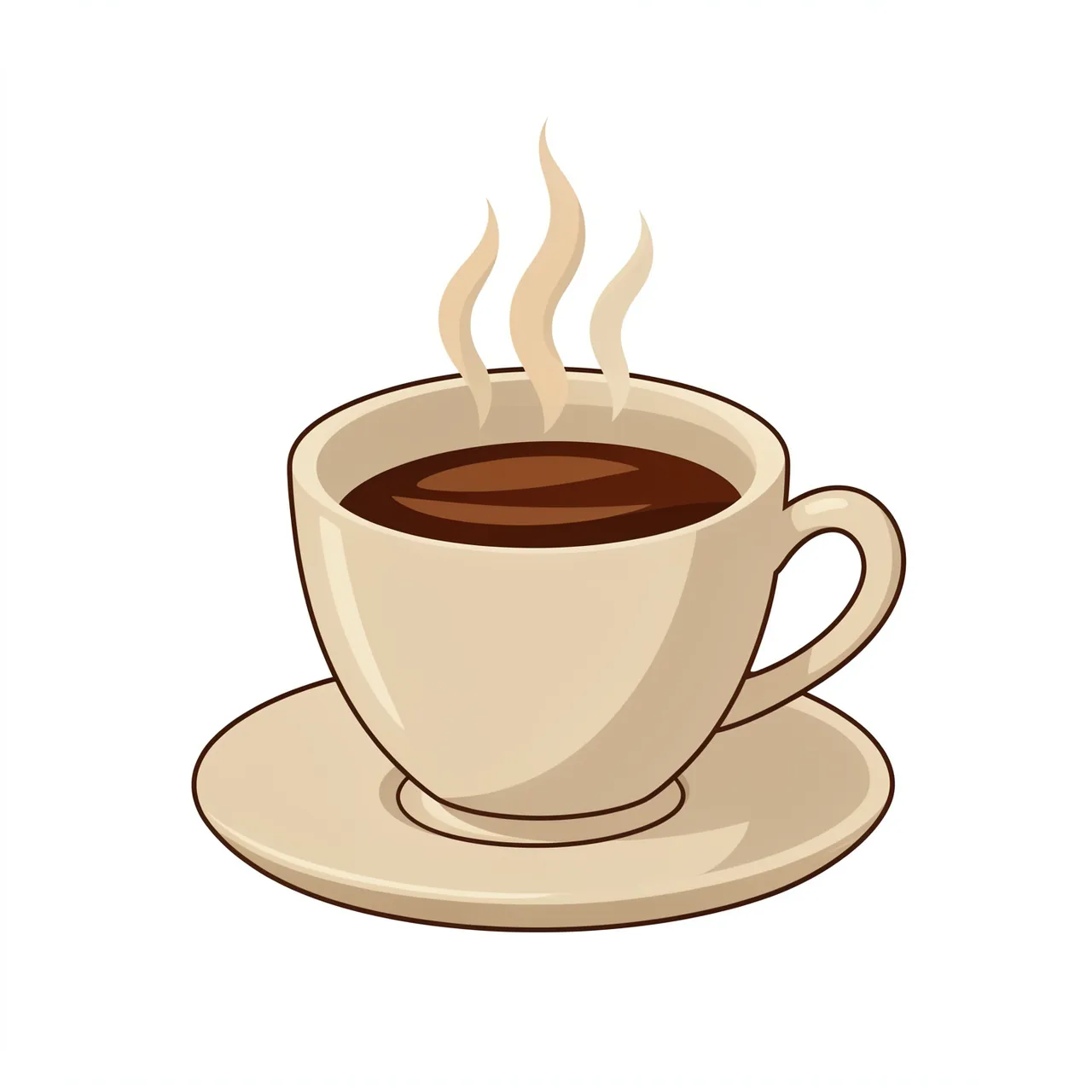 A flat clipart illustration of a steaming beige coffee cup resting on a matching saucer against a plain white background