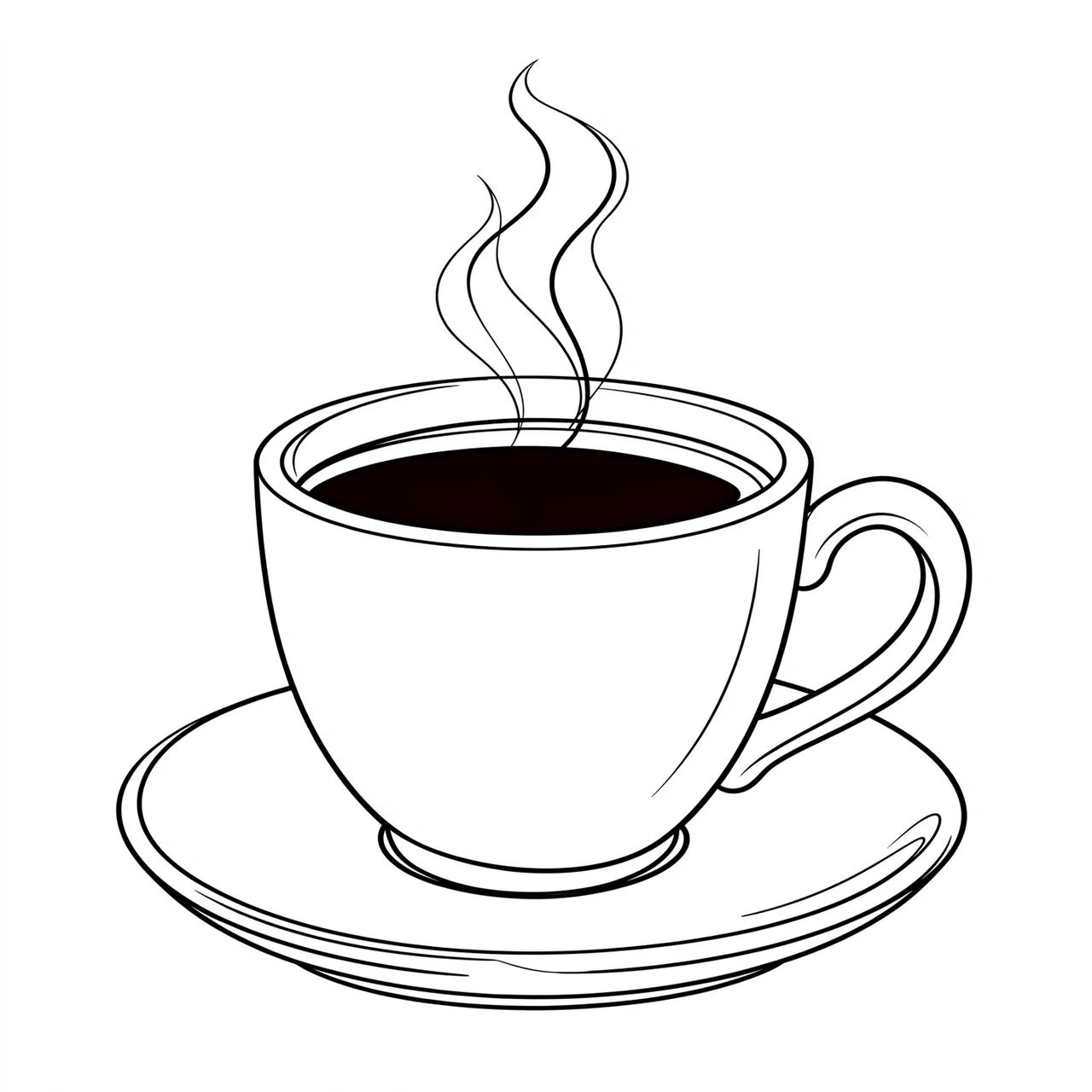 Minimal black continuous line drawing of a coffee cup with rising steam resting on a saucer