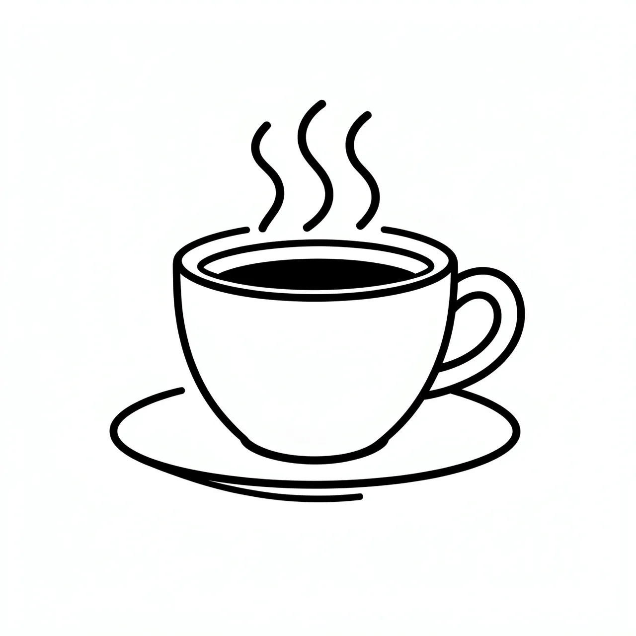 Simple black line icon of a steaming coffee cup resting on a saucer over a plain white background