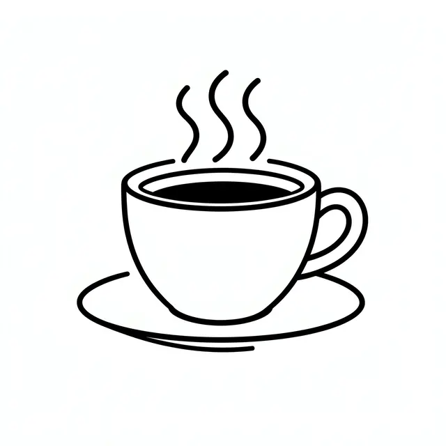 Simple black line icon of a steaming coffee cup resting on a saucer over a plain white background