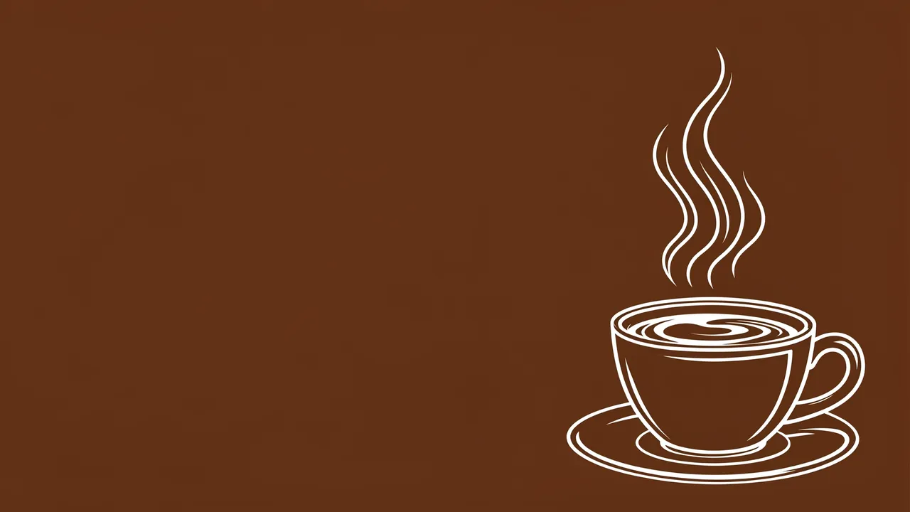 White line art of a steaming coffee cup on a saucer sits at the lower right of a solid mocha brown background with empty