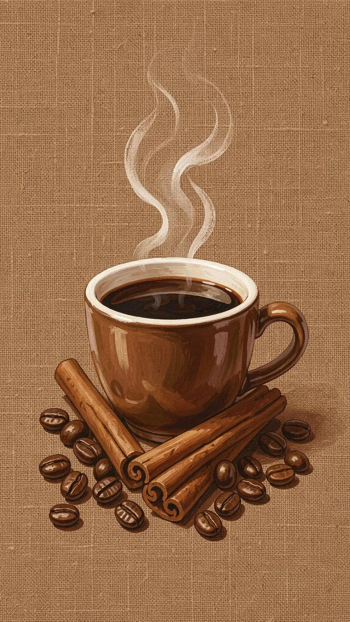 A gouache illustration of a steaming coffee cup with cinnamon sticks and scattered coffee beans on warm brown linen.