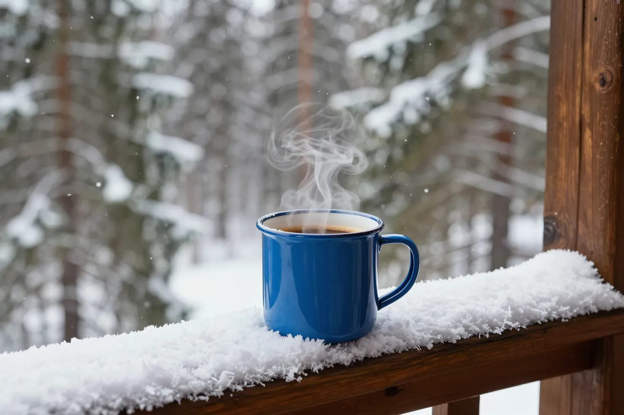 A steaming blue enamel mug of coffee sits on a snow-covered cabin porch railing with snow-covered pine trees falling snow in
