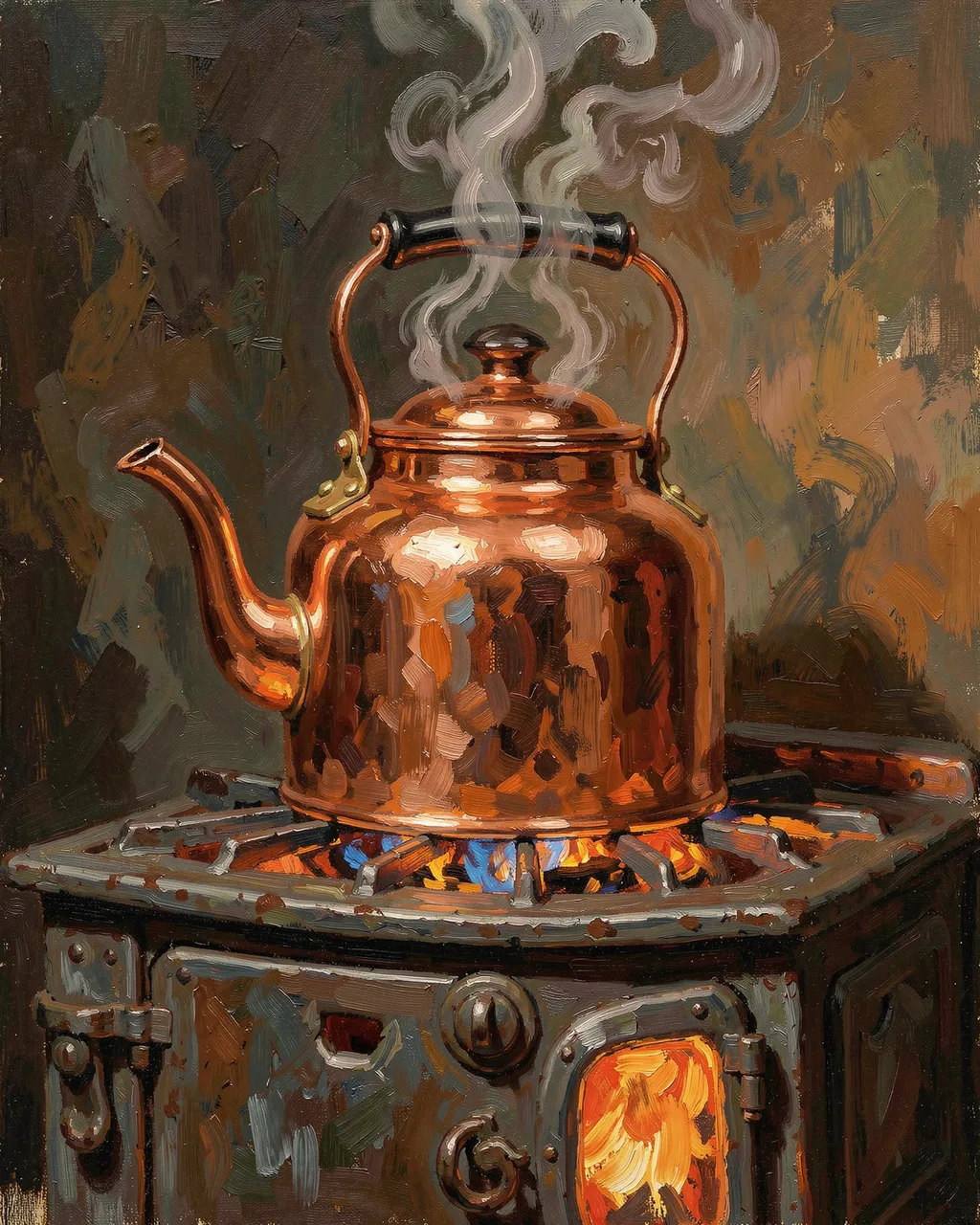 Impasto oil painting of a steaming copper kettle resting on a glowing old iron stove
