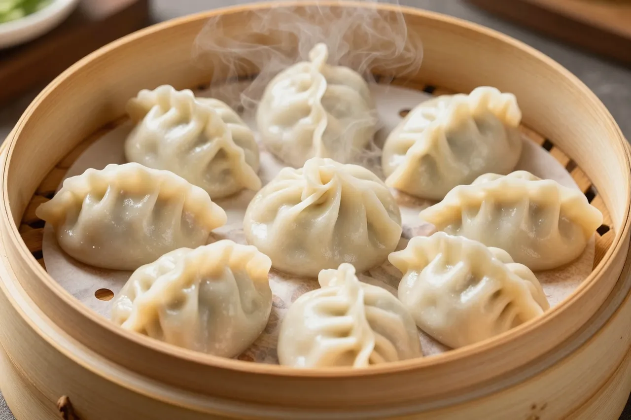 Freshly steamed dumplings rest in a bamboo steamer with soft rising steam.