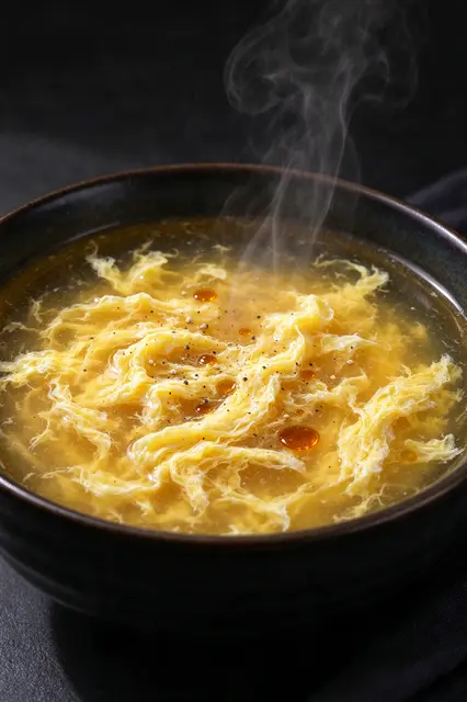 A close-up of hot steaming egg drop soup with silky strands, pepper and oil in a dark ceramic bowl